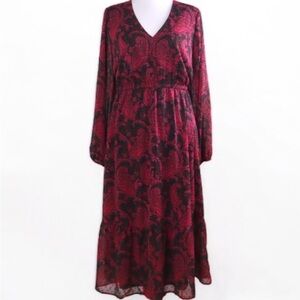 Torrid 3X Black Burgundy Paisley Chiffon Midi Dress Scoop Neck Long Sleeve NWT